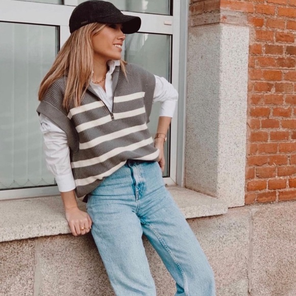 Zara Striped Knit Half Zip Sweater Vest